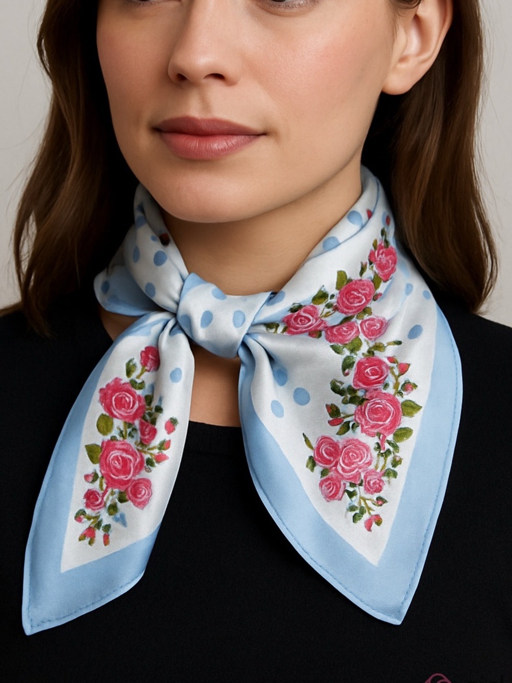Vintage Private Label Floral Border Polka Dot cotton Scarf Blue pink & white